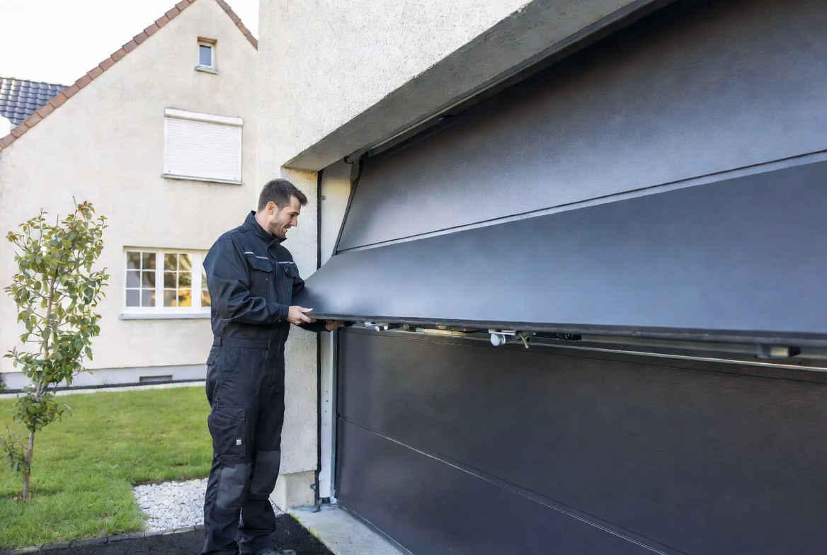 Montör installerar garageport på hus